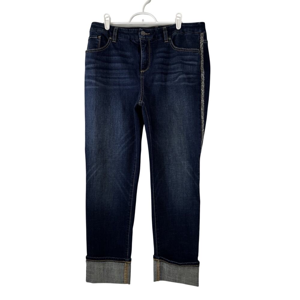 Chico’s 2 So Slimming Girlfriend Ankle Jeans US 12 Sparkle Side Studded Cuffed